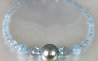 No Reserve Price - blue green Tahiti pearl RD Ø 11,2 mm with Aquamarines - Bracelet - 18 kt. White gold Pearl - Aquamarine
