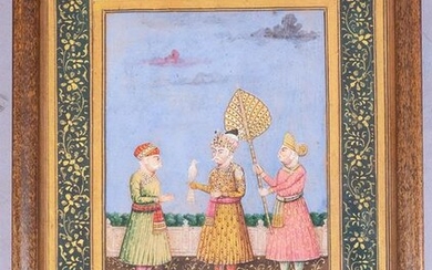Antique Mughal Style c1900 Painting w 3 Men