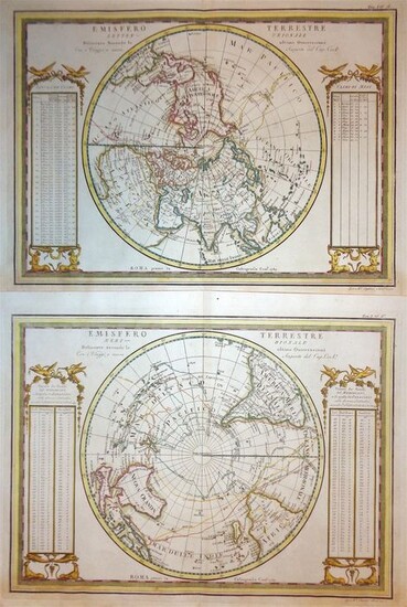 Northern & Southern Hemisphere, Northern & Southern Hemisphere (2 maps); G. M. Cassini - Emisfero Terrestre Settentrionale / Meridionale - 1789
