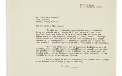 PRESIDENT OF MEXICO OBREGÓN, ÁLVARO. Group of 4 Typed Letters Signed, "AObregon," to...