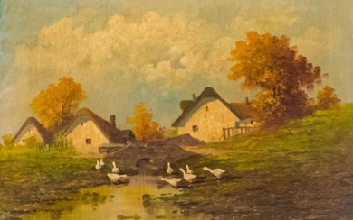 Oil On Canvas Village Landscape With Ducks
