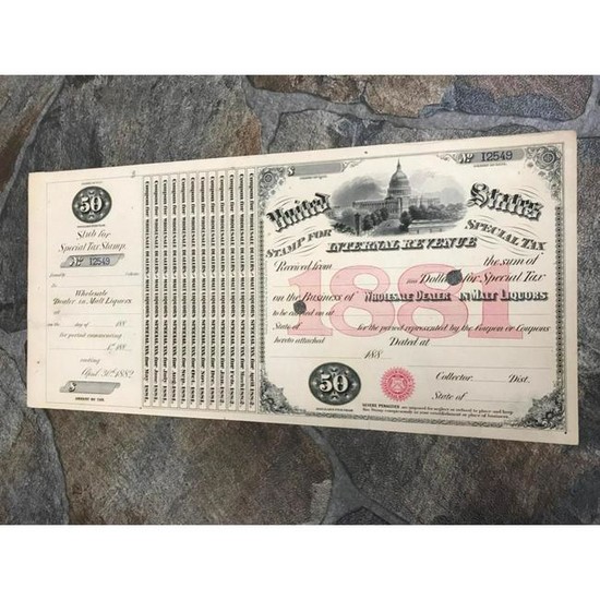 Original 1881 United States Internal Revenue $50 Malt