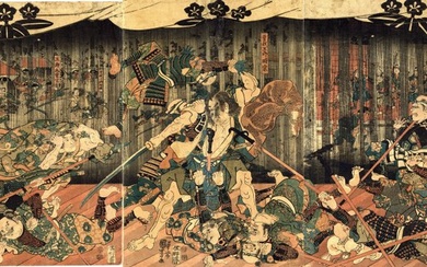 Original woodblock print triptych - “Soga kyōdai chichi no adauchi-zu' 曽我兄弟父の仇討図 (Soga Brothers Take - Utagawa Kuniyoshi (1797-1861) - Japan - Mid Edo period