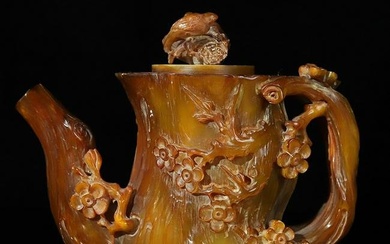 Ox Horn Carved Magpie & Plum Flower Teapot