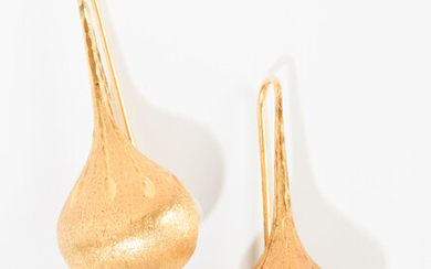 PAIR 14K TEXTURED YELLOW GOLD GOURD-FORM WIRE-BACK EARRINGS. - L:...