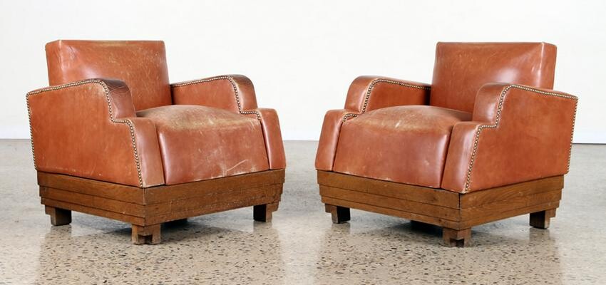 PAIR ART DECO LEATHER CLUB CHAIRS C. 1920