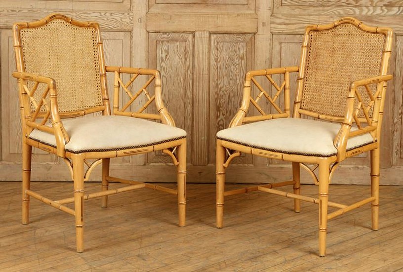 PAIR FRENCH FAUX BAMBOO OPEN ARM CHAIRS C.1960
