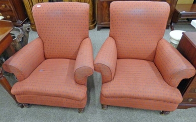 PAIR OF EARLY 20TH CENTURY ARMCHAIRS ON TURNED MAHOGANY...
