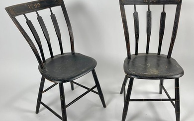 PAIR OF PLANK-SEAT SIDE CHAIRS Late 18th Century Back heights 39". Seat heights 18".