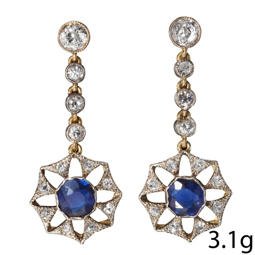 PAIR OF SAPPHIRE AND DIAMOND DROP EARRINGS, High carat gold....
