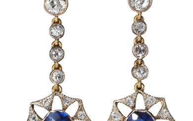 PAIR OF SAPPHIRE AND DIAMOND DROP EARRINGS, High carat gold....