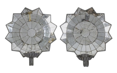 PAIR OF TIN MIRROR-BACK WALL SCONCES Heights 11". Widths 9.75".