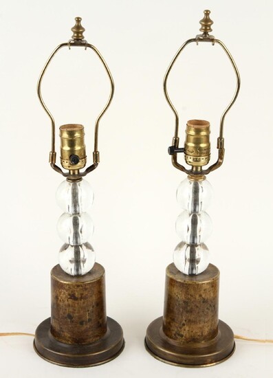 PAIR PETITE BRASS TABLE LAMPS GLASS SPHERES