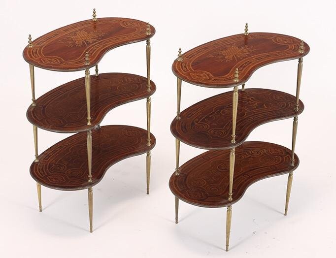PAIR SHAPED INLAID 3-TIER TABLES C.1980