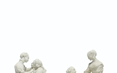 PAIRE DE GROUPES EN BISCUIT DE PORCELAINE TENDRE DE SÈVRES, DU XVIIIE SIÈCLE, VERS 1770, « L’ORACLE » OU « LE NŒUD DE CRAVATE » ET « LA BERGÈRE DES ALPES