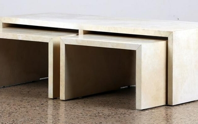 PARCHMENT COVERED COFFEE TABLE & TWO END TABLES