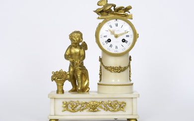 PLANCHON antique clock in white marble and painted...
