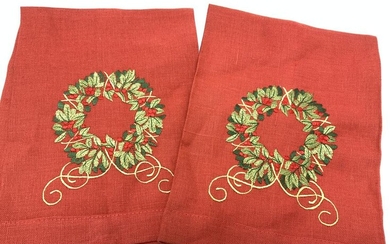 Pair Embroidered Red Linen Holiday Hand Towels