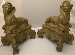 Pair French Egyptian Revival Bronze Sphinx Chenets
