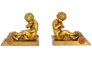 Pair Gilt Bronze Figural Putti Musician Bookends