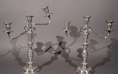 Pair S Kirk & Son Repousse Weighted Sterling Silver Convertible Three-Light Candelabra, H: 16 in. (40.6 cm.)