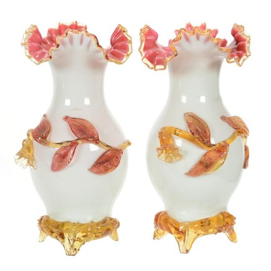 Pair Vases, White Cased, Pink Interior Art Glass