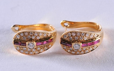 Pair of 14k yellow gold, ruby, and diamond earrings.