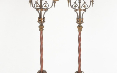 Pair of Baroque Style Paint Decorated Gilt Bronze Floor Torchieres