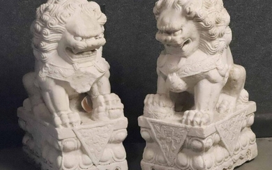 Pair of Chinese Carved Marble Temple Dogs