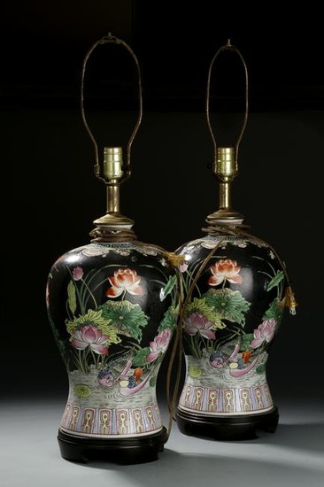 Pair of Chinese Famille Rose Vases, Lamps