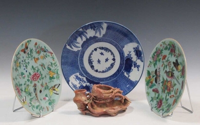 Pair of Chinese celadon glazed dishes, enamalled with birds and butterflies; a sopastone carving