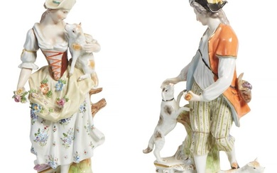 Pair of German Dresden Style Porcelain Figurines, 20th c., H.- 12 1/2 in., W.- 7 in., D.- 4 in. (2 P