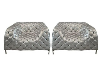 Pair of Italian Tufted Metallic Leather Sofa