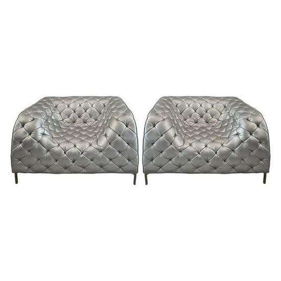 Pair of Italian Tufted Metallic Leather Sofa