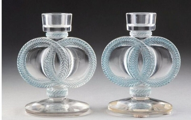 Pair of Lalique Glass Candlesticks with Blue Pat