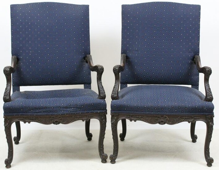 Pair of Louis Style Armchairs with Ornate Carving
