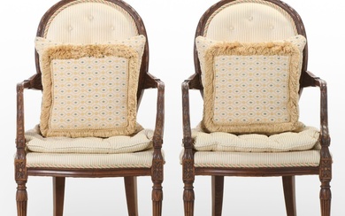 Pair of Louis XVI Style Beech, Custom-Upholstered, and Buttoned-Down Fauteuils