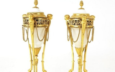 Pair of Neoclassical Bronze & Marble Cassolettes
