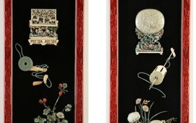 Pair of Striking Lacquer & Jade Carving Panels