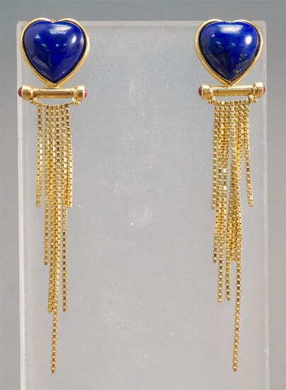 Pair of Tested 14-Karat Yellow-Gold, Lapis and Cabochon Garnet Tassel Pierced Earrings, 6.1 gdwt, L: 2-5/8 in