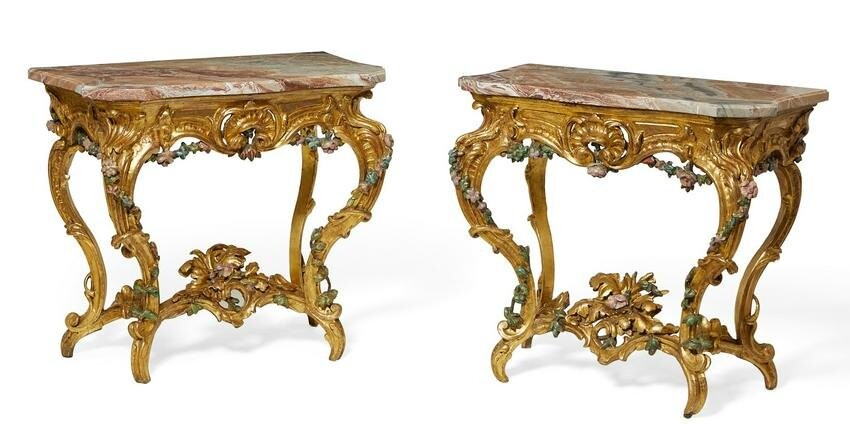 Pair of Venetian gilt and painted console tables