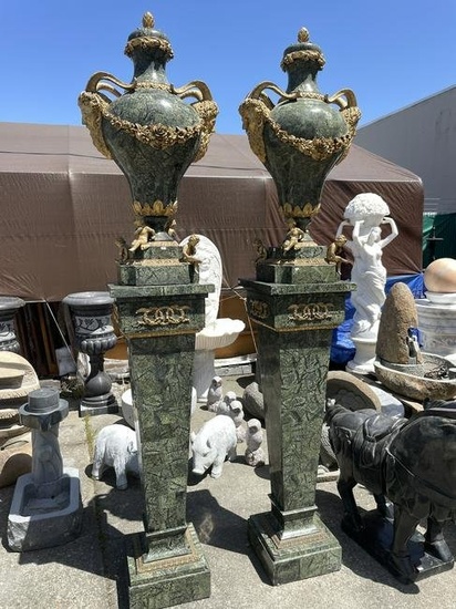 Pair of Vintage Marble Vases on Pedestals