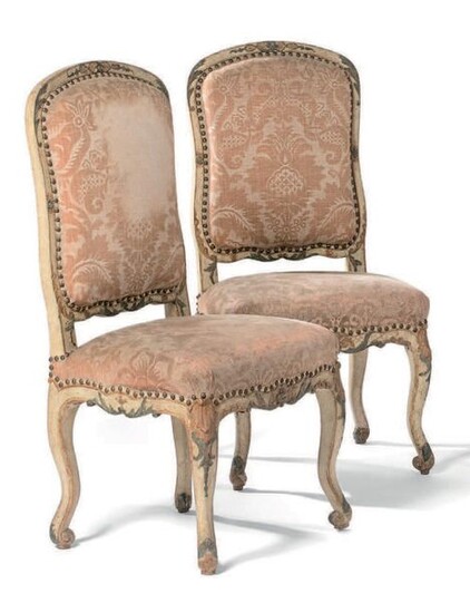 Pair of flat back chairs in carved lacquered wood. Arched legs.