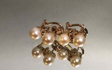 Pair of gold, diamond and pearl earrings. P....