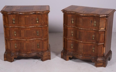 Pair walnut serpentine front banded top side tables