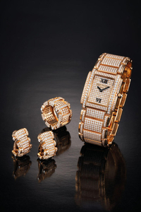 Patek Philippe. A Very Rare Lady's Suite of a Pink Gold and Full Diamond-set Bracelet Watch With A Matching Pair of Earrings and Ring