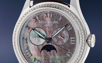 Patek Philippe, Ref. 4936 A fine and attractive white gold and diamond-set annual calendar wristwatch with mother-of-pearl dial, Certificate of Origin, and presentation box
