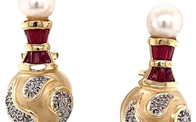 Pearl, Ruby Diamond 14 Karat Yellow Gold Drop Renaissance Style Earrings