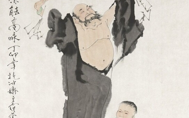 Peinture à l'encre et couleur sur papier Chine À décor d'un luohan debout, les mains...