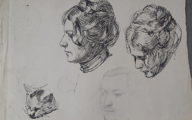 Peter Hansen: Two portrait studies and the head of a cat. Unsigned. Ink and lead on paper. 24×30.5–32×34 cm. Unframed. (2)